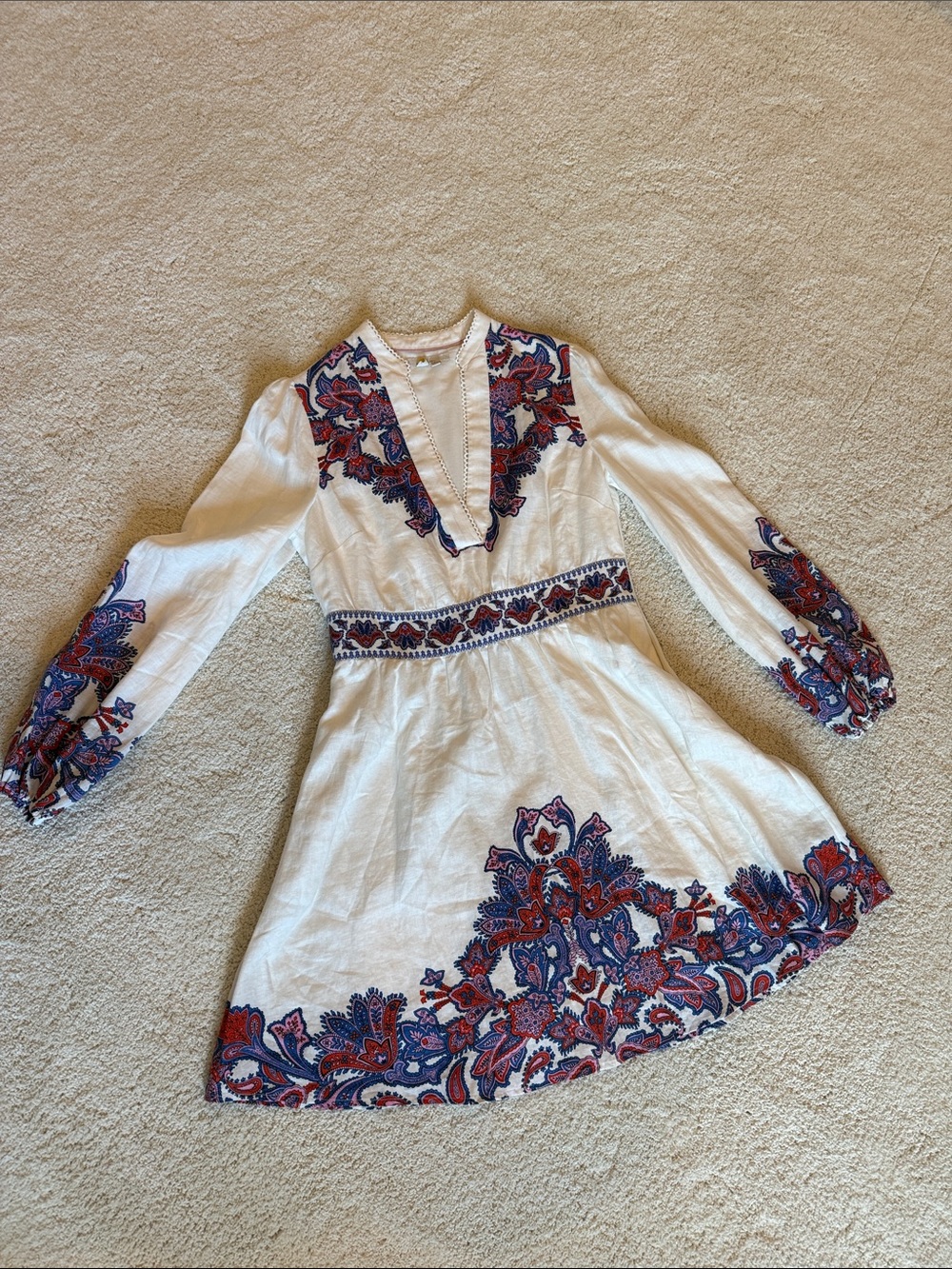 Boden Flora Linen Mini Dress 6 Poof Sleeve Fitted Waist Paisley Bohemian